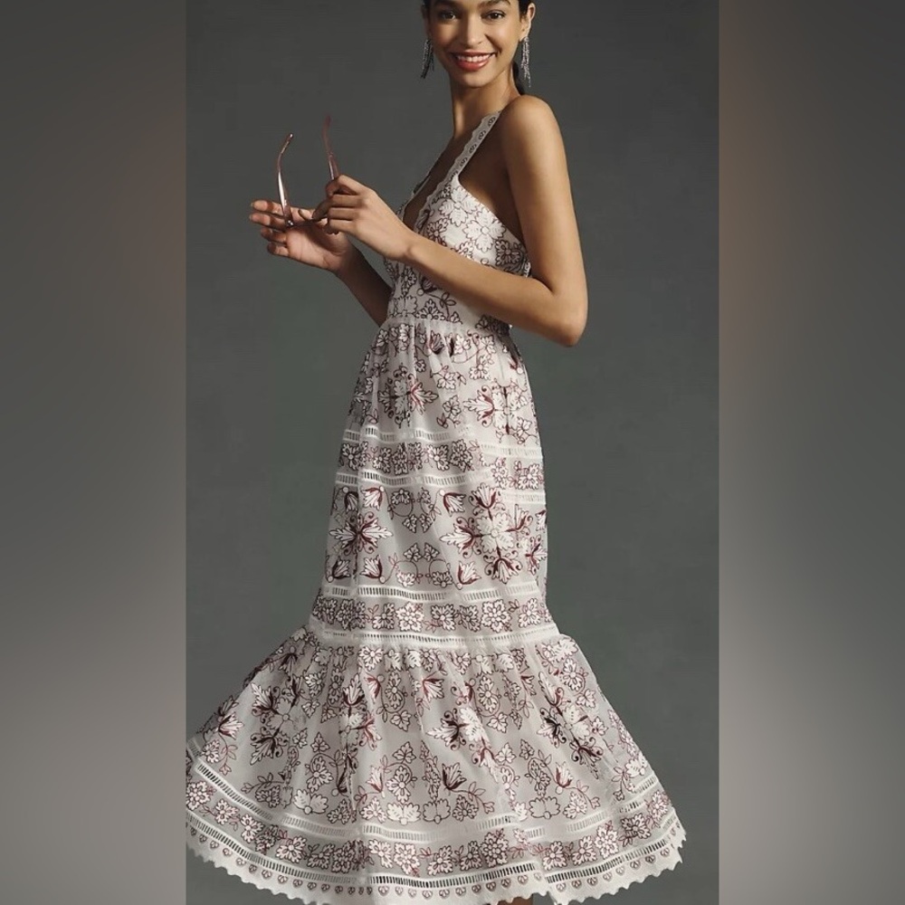 Anthropologie Tiered V-Neck Embroidered Midi Floral Dress Small Petite - Picture 2 of 16